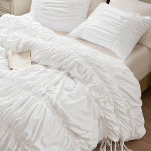 English Elm 2pcs Shabby Chic Ruched Comforter Set Bow Trim Brushed Polyester Fill Romantic Bedroom White B035P341082