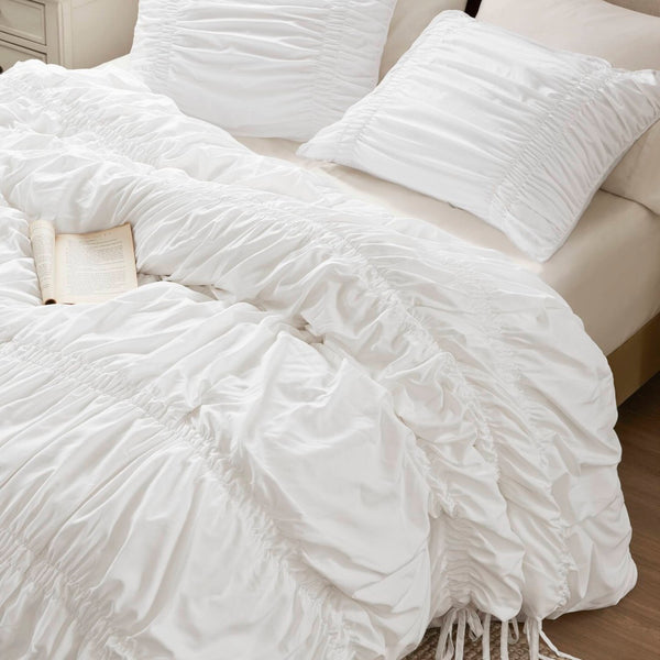 English Elm 2pcs Shabby Chic Ruched Comforter Set Bow Trim Brushed Polyester Fill Romantic Bedroom White B035P341082