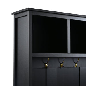 English Elm ON-TREND Rustic 4-in-1 Hall Tree with Bench, 6 Gold Hooks, Shoe Storage, Drawers & Anti-Tip Safety Black N721P272898B