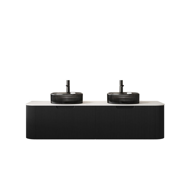 English Elm Dina 60 Inch Floating Bathroom Vanity Sintered Stone Top Dual Glass Basins Wood Grain Black,Carrara White W2615S00249