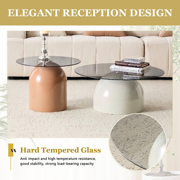English Elm Nesting Coffee Tables Set of 2 Round Glass Top Steel Frame Living Room Accent W2920P438673