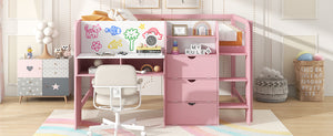 English Elm Full Size Low Loft Bed With Desk, Storage, Bookcase & Fun Whiteboard For Kids - Pink Design N7090005005H