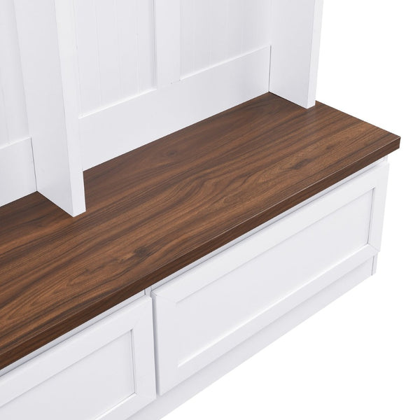 English Elm Rattan Door Hall Tree Bench with 6 Hooks Farmhouse Entryway Storage White+Walnut N721S000076K