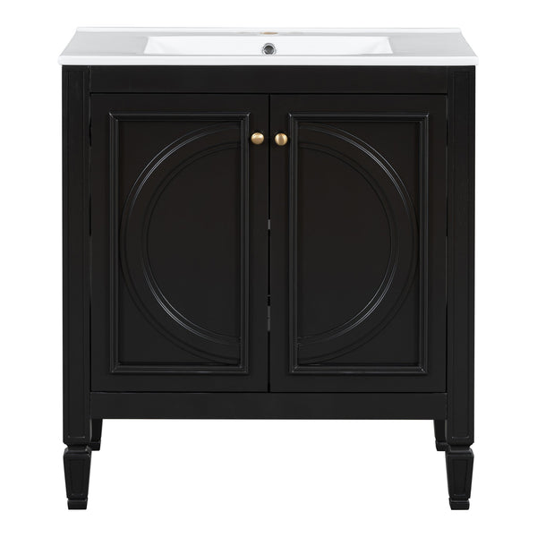 English Elm Christopher Knight Home® - 30" Bathroom Vanity with Sink Vintage Freestanding Ceramic Top Soft-Close Doors Gold Knobs, Storage Black N759P226000B