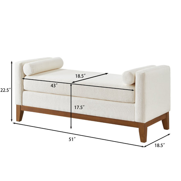 English Elm Large Boucle Upholstered Window Bench with Armrests and Throw Pillows for Entryway Ivory W2186P454317