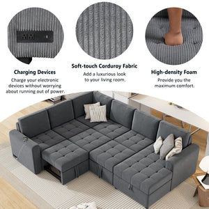 English Elm 107.5" U-shaped Sofa Sectional with Storage Chaise, Pull-Out Bed, USB Charging, Corduroy Comfort Gray N719S001570E