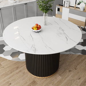 English Elm Modern Round Faux Marble Dining Table Set Seats Four Chenille Chairs Gold Accent W5739S00005