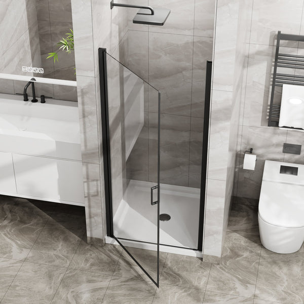 English Elm Goodyo 34"X72" Pivot Shower Door & White Acrylic Base Combo With Black Aluminum & Clear Glass Finish W1223S00018