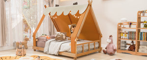 English Elm Twin Cabin Bed with Detachable Tent Skylight and Woodland Deer Antler Accents Brown N708P356717D