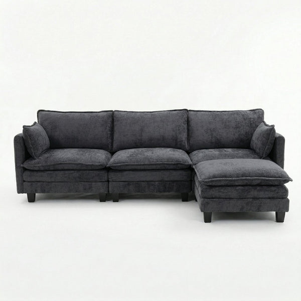 English Elm Modern Chenille Three Seat Sofa with Ottoman Usb Charging Ports and Storage Pockets Black W2519S00002