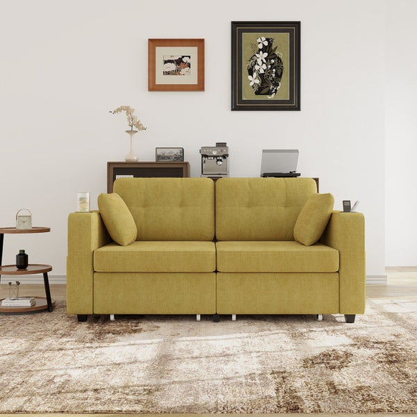 English Elm Sofas for Living Room Chenille Three Seat Couch with Usb Charging Storage and Cup Holder Mustard Yellow W395S00145