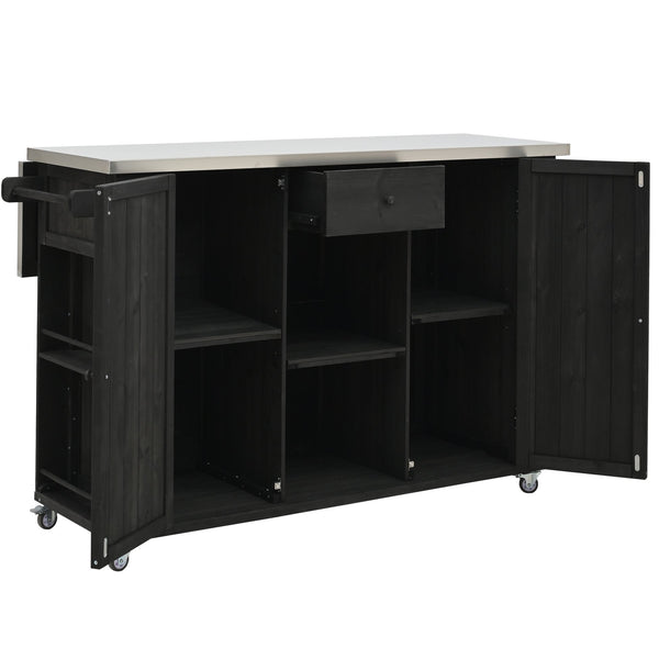 English Elm Outdoor Kitchen Island Solid Fir Wood with Foldable Stainless Top, Ample Storage, Wheels, Opener Black N719P246553B