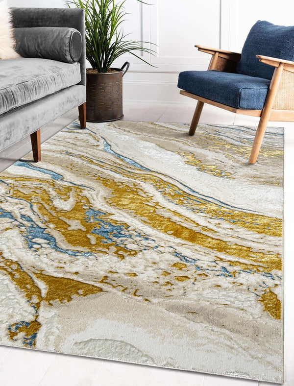 English Elm "Adina" Luxury Area Rug - Beige, Gold & Blue Abstract Design For Modern Living Spaces & Durability B030P216149