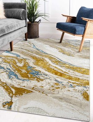 English Elm "Adina" Luxury Area Rug - Beige, Gold & Blue Abstract Design For Stylish, Easy Maintenance Living Spaces B030P216153