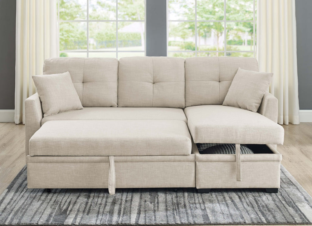 English Elm 76.5" Chenille Tufted Sectional Sleeper Sofa with Reversible Chaise and Hidden Storage Almond B2748S00001