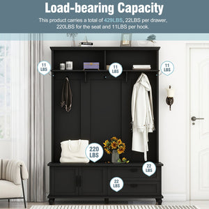 English Elm [New Modern Hall Tree with Storage Cabinet & 2 Drawers, Wide Mudroom Bench, 5 Hooks, Black, 80.3"H WF306450AAB