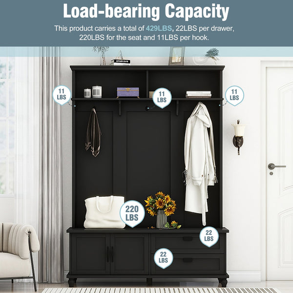 English Elm [New Modern Hall Tree with Storage Cabinet & 2 Drawers, Wide Mudroom Bench, 5 Hooks, Black, 80.3"H WF306450AAB