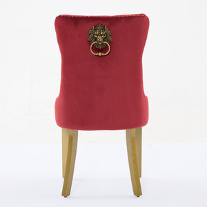 English Elm Mid-Century Lion Head Pull Ring Velvet Dining Chair with Tufted Cushion, Gold Wood Legs, Nailhead Trim WINE RED W1143P233645