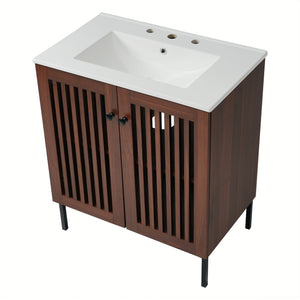 English Elm Christopher Knight Home® - 30" Vintage Bathroom Vanity with Rectangle Ceramic Sink, Rubber Wood Legs, Soft-Close Doors, Adjustable Shelves Antique brown,Dark Brown N817P245324B