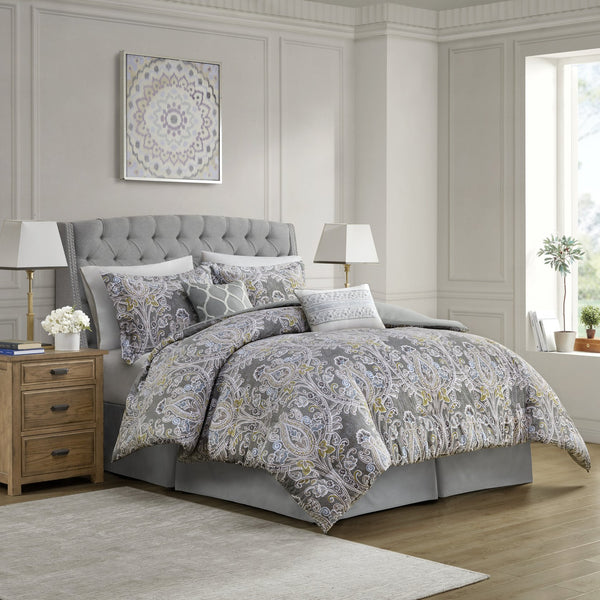English Elm 6 Piece Cotton Comforter Set - Luxurious Grey Damask Design With Decorative Pillows & Bedskirt B03595743