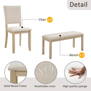 English Elm 6 Piece Light Oak Dining Set with Bench Upholstered Linen Chairs U-shaped Base W1998S00094