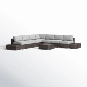 English Elm Wicker 10‑Piece 6‑Person Oversized Sectional with 15 Plush Olefin Grey Cushions, Glass Tables, Ready B120S00266