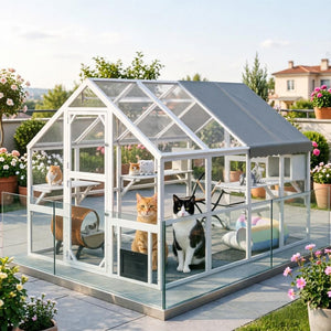 English Elm Wooden Fir Catio Outdoor Cat Enclosure with Uv Cover Platforms and Climbing Ladders T3971S00241