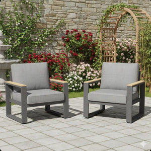 English Elm Set of 2 Powder-coated Aluminum Outdoor Armchairs with Ergonomic Reclined Cushioned Seats Black+Grey B082P455131