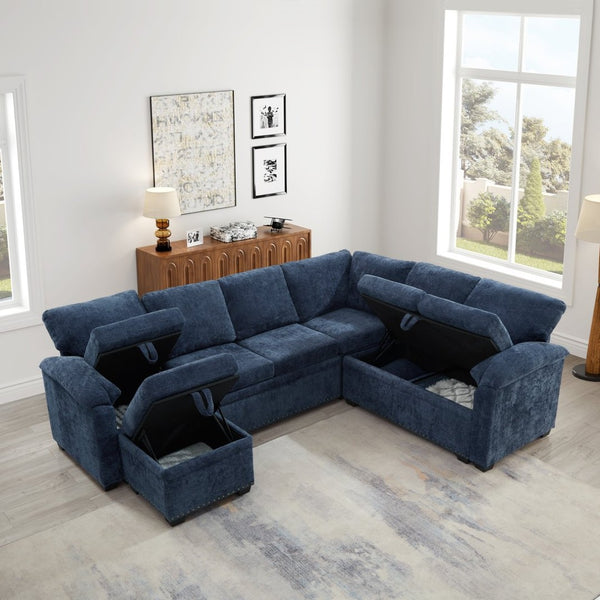 English Elm 97 Inch L-shaped Chenille Sectional Sofa with Sleeper Storage Ottoman 7 Seats Dark Blue W1669S00019