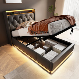 English Elm Twin Upholstered Bed with Hydraulic Storage, Surround LED, App/Remote Control & USB Type-C Charging Black N736P188805B