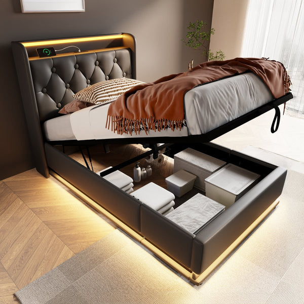 English Elm Twin Upholstered Bed with Hydraulic Storage, Surround LED, App/Remote Control & USB Type-C Charging Black N736P188805B