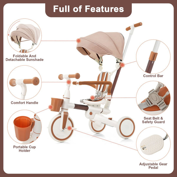 English Elm 7 in 1 Convertible Toddler Tricycle Aluminum Frame Push Trike with Rotating Seat Canopy Ivory N726P300636O