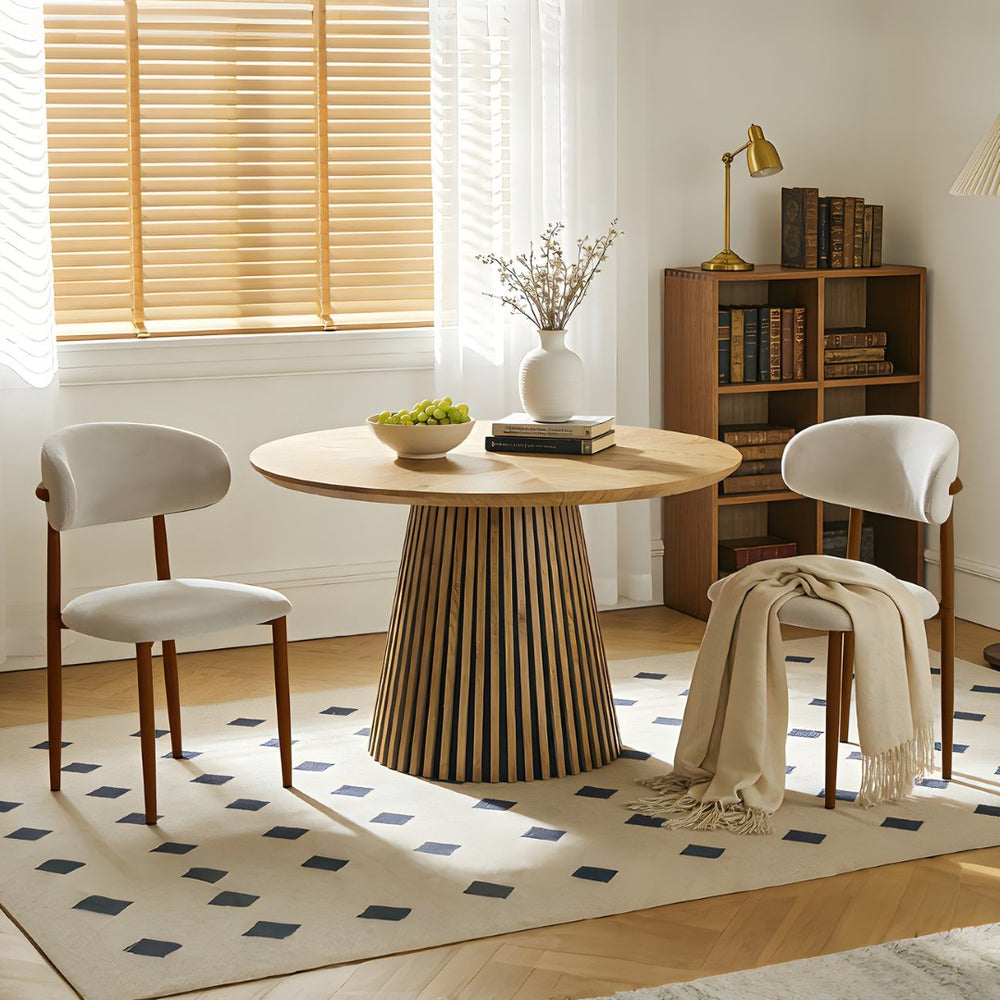 English Elm Round Beech Wood 3 Piece Dining Set with Walnut Finish and Beige Upholstered Chairs W3590S00026