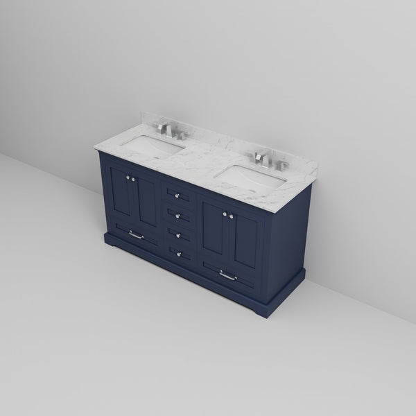 English Elm Navy Double Bath Vanity 60" W x 22" D with Carrara Marble Top, Chrome Faucet, Soft-Close Storage Elegance B2731P258380