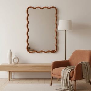 English Elm Yellowish Solid Wood 24"x36" Wavy Rectangle Mirror with Tempered Glass, Rustic Elegance for Bath & Entry W2203P389035