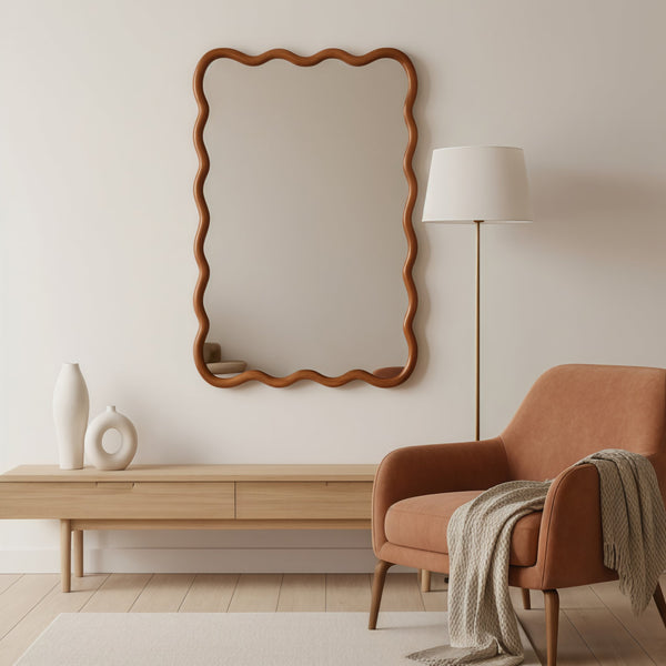 English Elm Yellowish Solid Wood 24"x36" Wavy Rectangle Mirror with Tempered Glass, Rustic Elegance for Bath & Entry W2203P389035