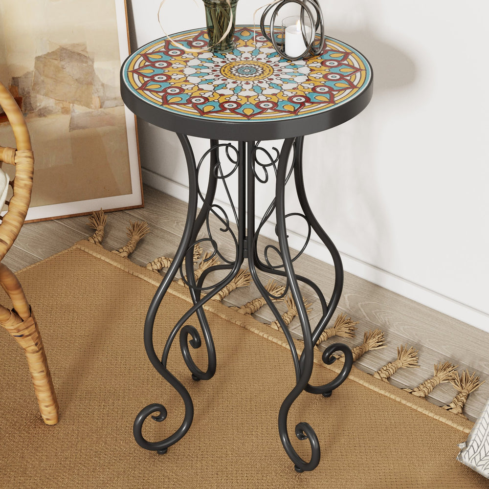 English Elm Christopher Knight Home® - Round Ceramic Outdoor Side Table with Colorful Floral Tile Top, Matte Black Iron Frame, Weatherproof N768P214935B