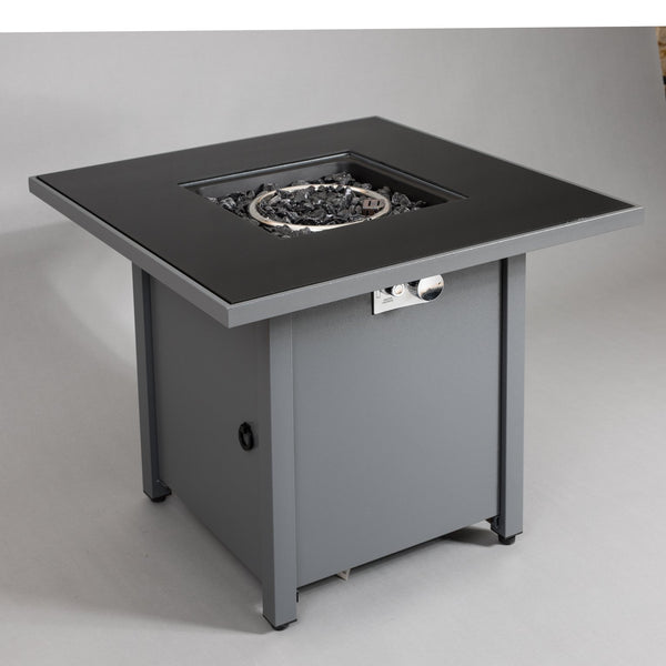 English Elm 25" Gray Steel Outdoor Fire Pit Table with Lid — 30" W Smoked Glass Top, Push-Button Ignition, Propane-Compatible B120P247514