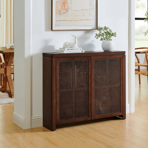 English Elm 39.4" Mid Century Modern Rattan Sideboard Buffet Cabinet with Pop-Up Doors, Charging Holes, Stylish Storage Walnut W1801P362142