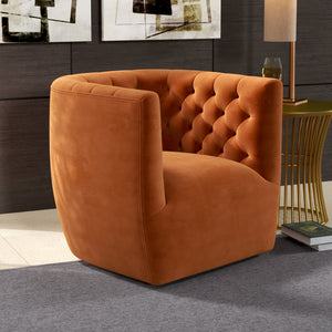 English Elm Ashcroft Furniture - Delaney Tufted Velvet Swivel Chair with Solid Wood Legs, Ergonomic Angled Back and Foam Support Orange B183P281226