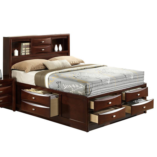 English Elm LUCILLE full bed with built-in bookcase headboard, 6 under-bed storage drawers, slatted base Merlot Queen B201S00274