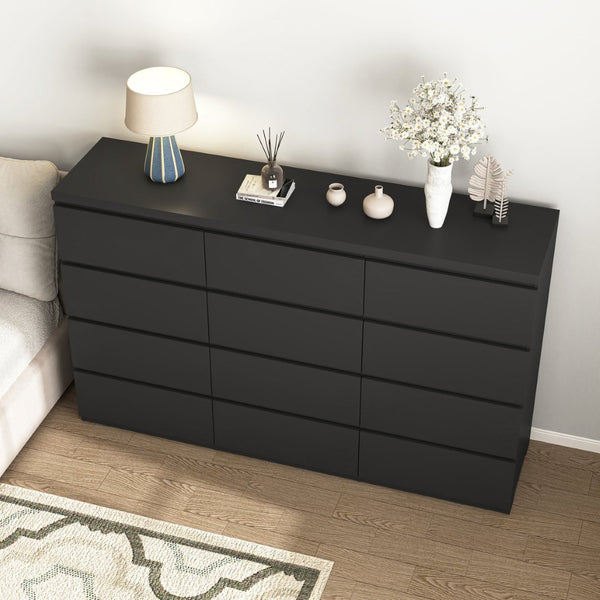 English Elm 12 Drawer Wide Double Dresser Modern Symmetrical Wood Storage Chest for Bedroom Black W409S00016