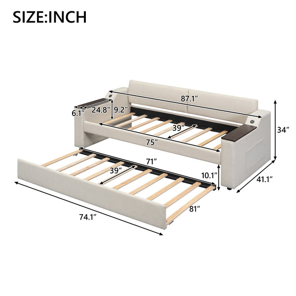 English Elm Twin Upholstery Daybed with Trundle, Storage Arms & USB Charging, Beige Linen, Durable Pine Frame SM000547AAA