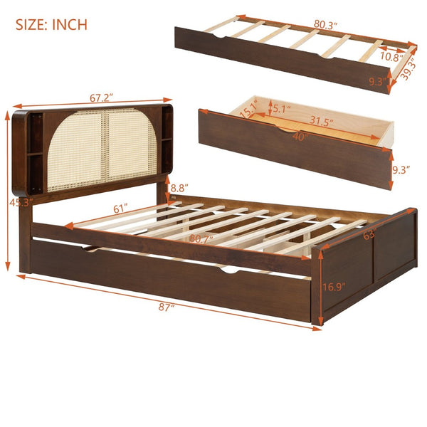 English Elm Queen Size Rattan Headboard Bed With Trundle, Drawers & Elegant Walnut Finish For Versatile Style N820S00013D-GIGA