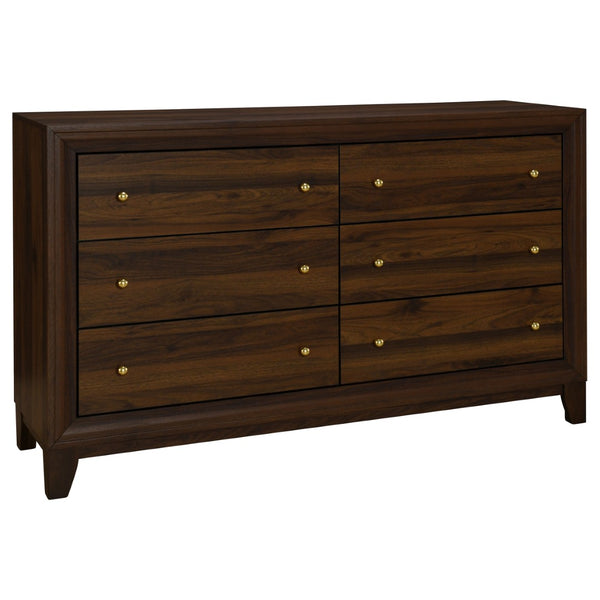 English Elm Anza Queen Bedroom Set with Taupe Upholstered Headboard and Walnut Finish Storage B062S01691