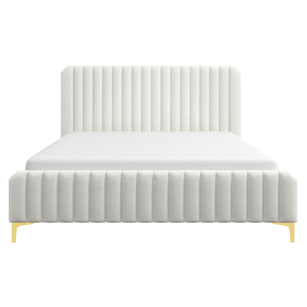 English Elm Ashcroft Furniture - Valery Modern King Boucle Platform Bed in Cream with Channel Tufting, Gold Legs & Slat System B183S00043