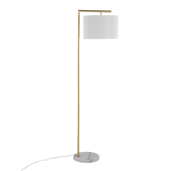 English Elm Fran Sleek Marble Floor Lamp with Gold Metal Stem and White Linen Shade—Modern Chic Lighting B202P224139