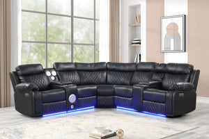 English Elm Lacrosse Power Reclining Sectional with Bluetooth Speakers, LED Lighting, USB Ports & Console Comfort Black B009S01429