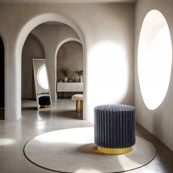 English Elm Round Channel-Tufted Accent Stool Dark Gray Fur with Gold Stainless Steel Plinth Base for Modern Rooms B2741P388370