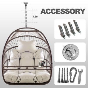 English Elm Swing Hammock Egg Chair with Wood-Grain Alloy Frame, UV-Resistant Rattan, Foldable 350lb Capacity beige brown W2707P184371